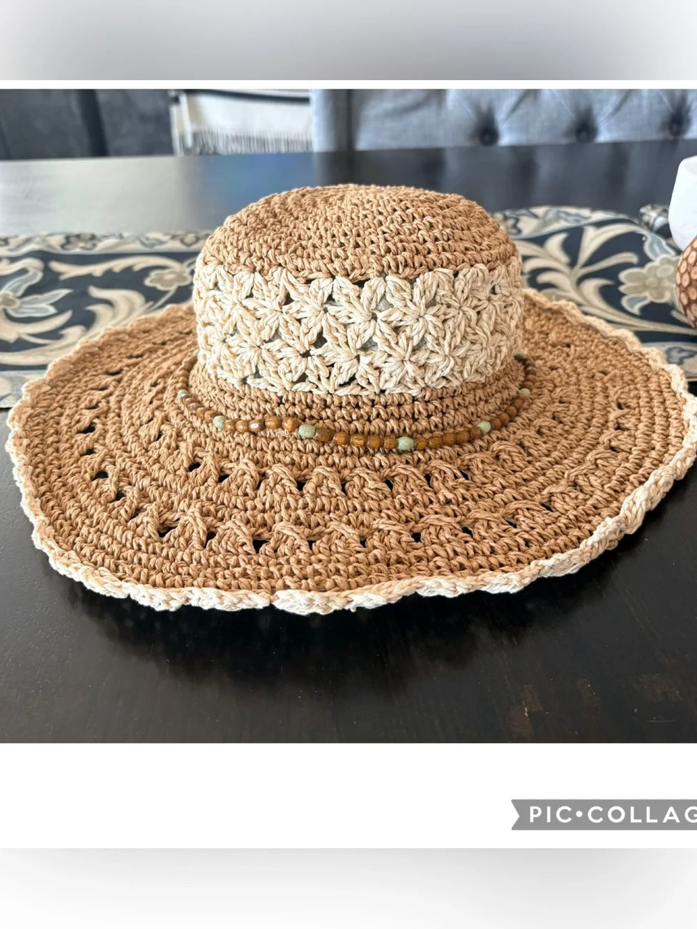 Fat Face UK Packable Crochet Straw Sun Hat Boho Wide Brim Brown Cream Beaded - Picture 3 of 5